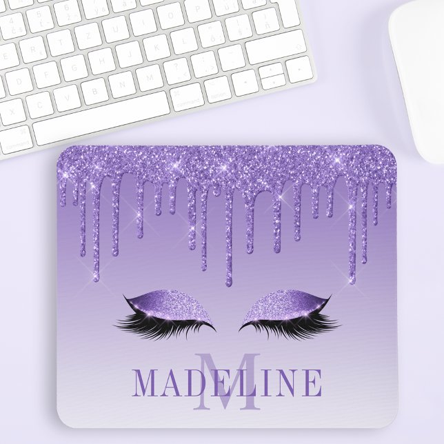 Modern Fashionable Purple Glitter Lashes Monogram Mouse Pad (Customize to change text color, text style or to add more text.)