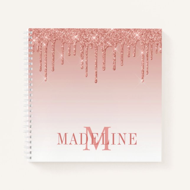 Modern Fashionable Rose Gold Glitter Monogram Notebook (Front)