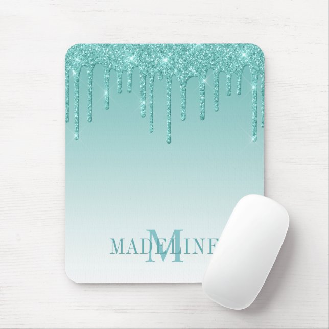 Modern Fashionable Teal Glitter Drip Monogram Mouse Pad (With Mouse)