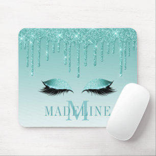 Modern Fashionable Teal Glitter Lashes Monogram Mouse Pad
