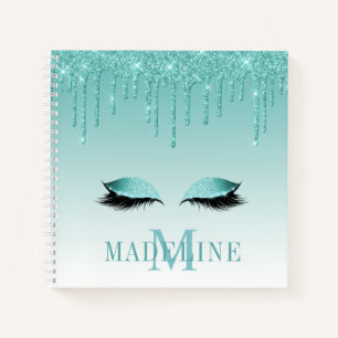 Modern Fashionable Teal Glitter Lashes Monogram Notebook