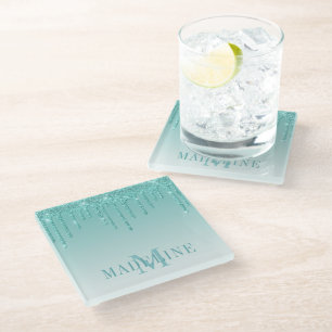Modern Fashionable Teal Glitter Monogram Glass Coaster