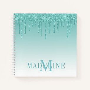 Modern Fashionable Teal Glitter Monogram Notebook
