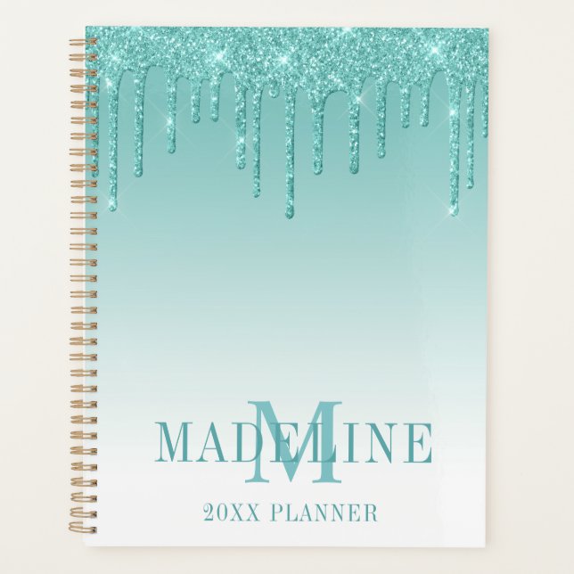 Modern Fashionable Teal Glitter Monogram Planner (Front)