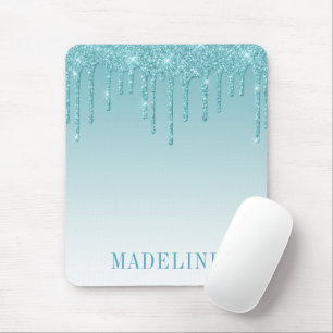 Modern Fashionable Trendy Aqua Glitter Drip Mouse Pad