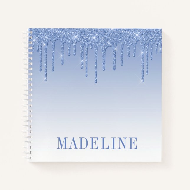 Modern Fashionable Trendy Dusty Blue Glitter Drip Notebook (Front)