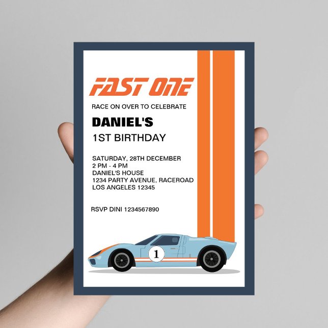 Modern Fast One Race Car 1st Birthday Party Invitation (Creator Uploaded)