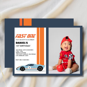 Modern Fast One Race Car 1st Birthday Photo Invitation
