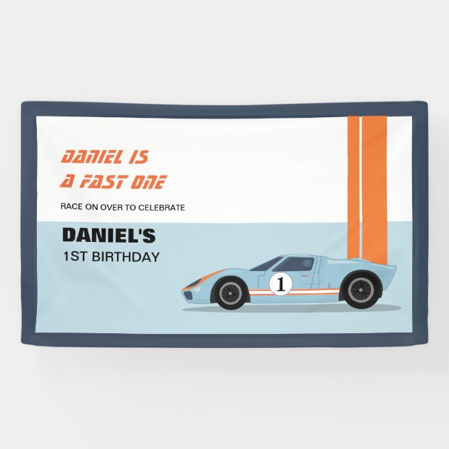 Modern Fast One Race Car Boy 1st Birthday Banner (Horizontal)