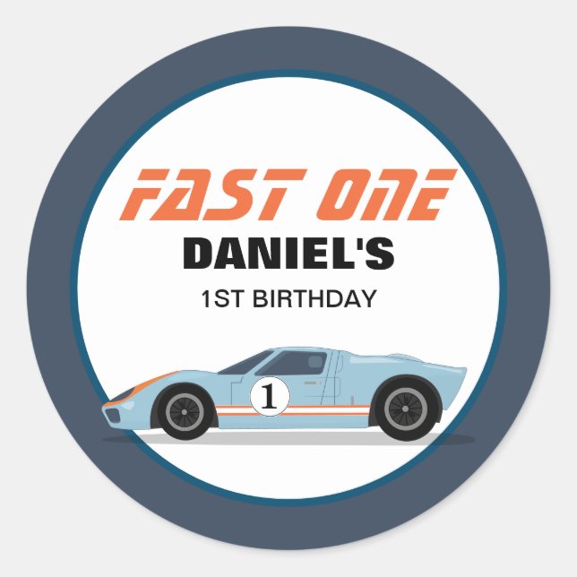 Modern Fast One Race Car Boy 1st Birthday Classic Round Sticker (Front)