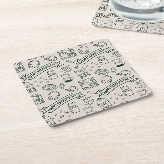 Modern Father's Day Doodle Pattern Millennial Dad Square Paper Coaster (Angled)
