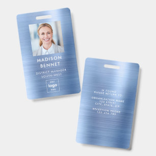 Modern Faux Blue Metallic Corporate Photo ID Badge