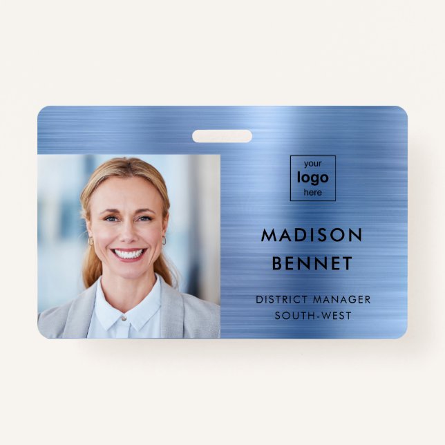 Modern Faux Blue Metallic Corporate Photo ID ID Badge (Front)