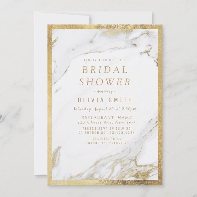 Modern faux gilded gold marble bridal shower invitation (Front)