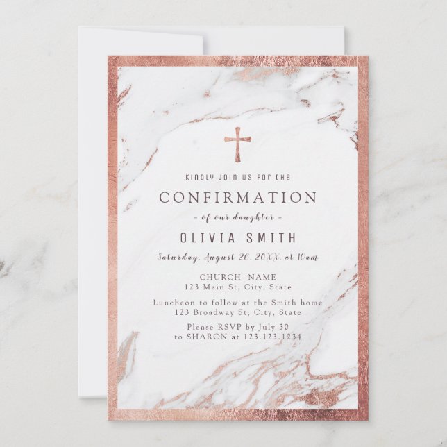 Modern faux gilded rose gold marble confirmation invitation (Front)