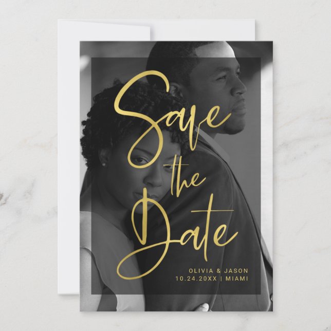 Modern Faux Gold and Black Overlay | Photo Save The Date (Front)