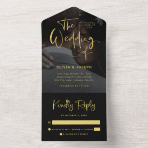 Modern Faux Gold and Black Overlay Photo Wedding All In One Invitation