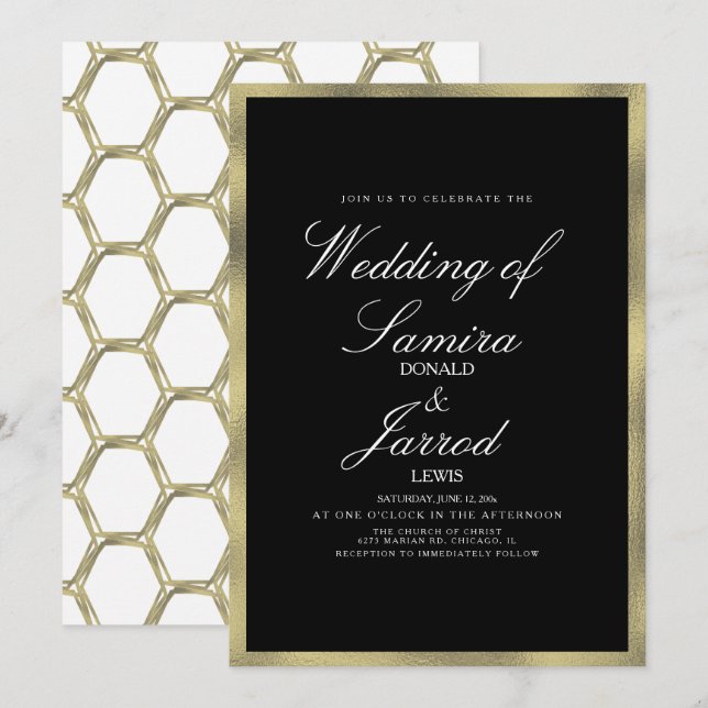 Modern Faux Gold Black Geometrical Wedding Invitation (Front/Back)