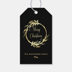 Modern Faux Gold Black Merry Christmas Wreath Gift Tags