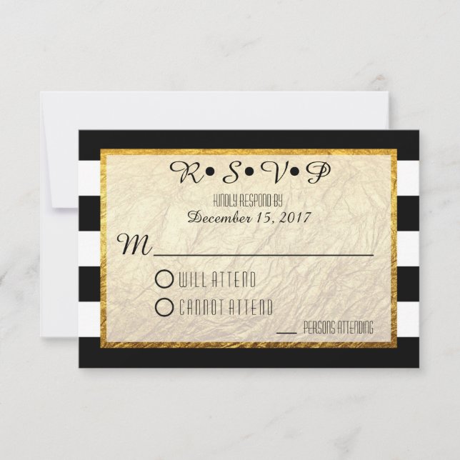 Modern Faux Gold Black White Stripe Wedding RSVP (Front)