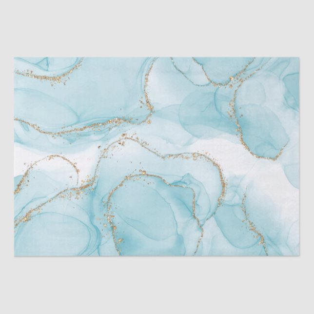 Modern Faux Gold & Blue Watercolor Marble Pattern Tissue Paper (Front)