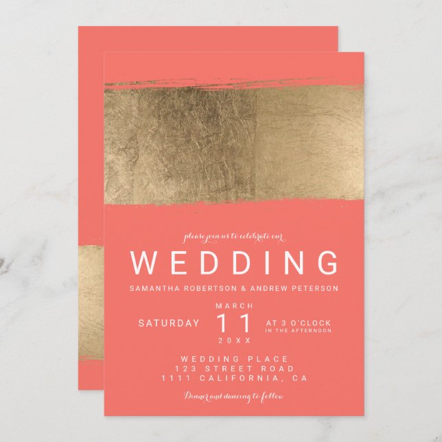 Modern faux gold brushstroke coral wedding invitation (Front/Back)