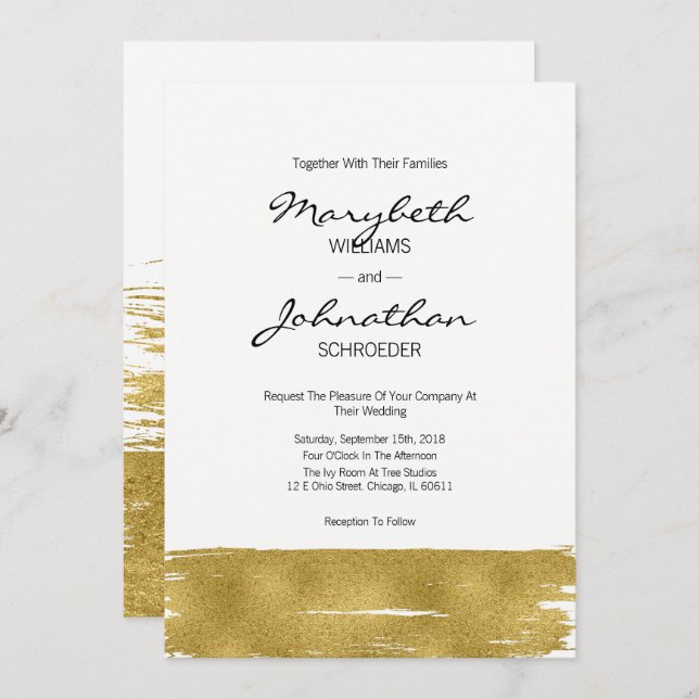 Modern Faux Gold Brushstroke Wedding Card (Front/Back)