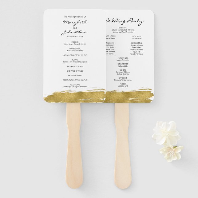 Modern Faux Gold Brushstroke Wedding Program Fan (Front and Back)