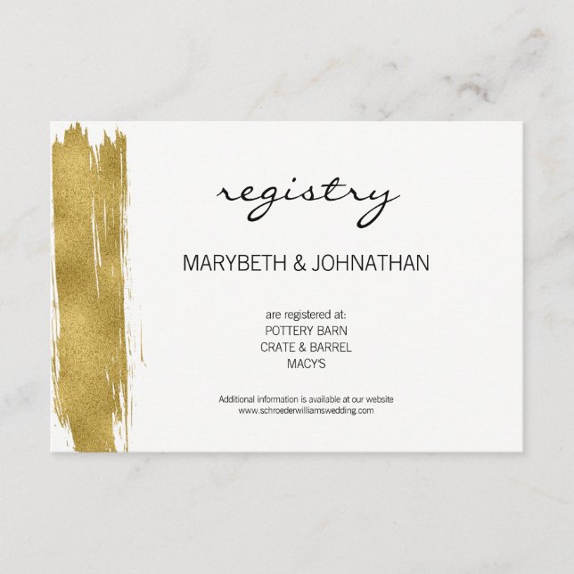 Modern Faux Gold Brushstroke Wedding Registry Card (Front)