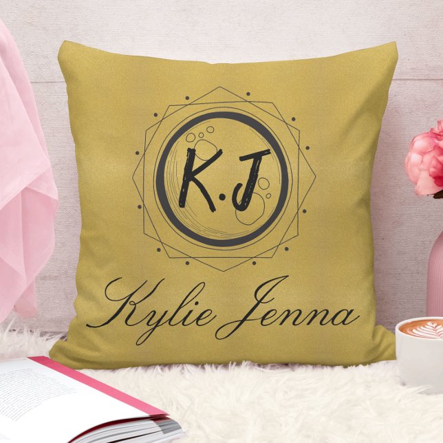 Modern Faux Gold Celestial Monogram & Script Name Cushion (Creator Uploaded)