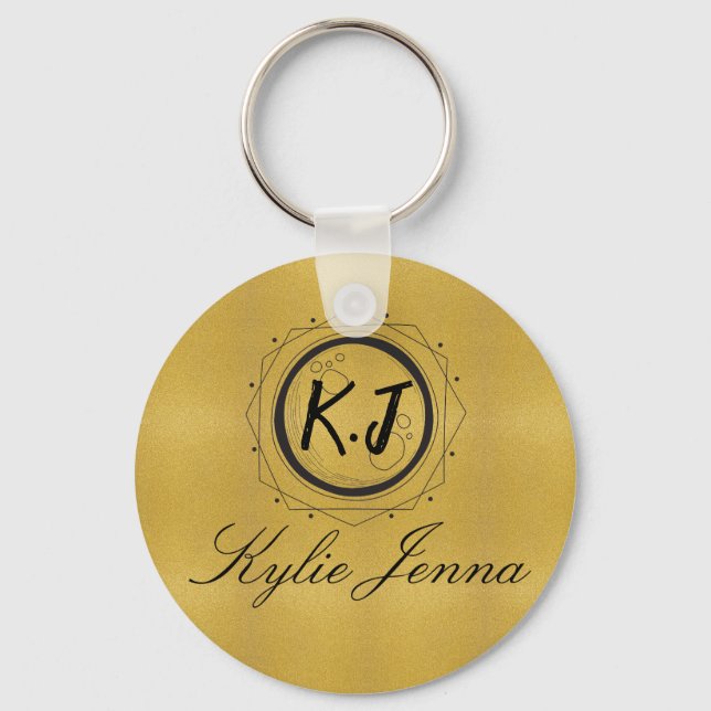 Modern Faux Gold Celestial Monogram & Script Name Key Ring (Front)