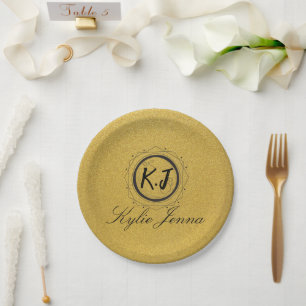 Modern Faux Gold Celestial Monogram & Script Name Paper Plate