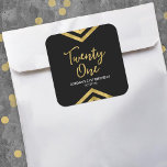 Modern Faux Gold Chevron Geometric 21st Birthday Square Sticker<br><div class="desc">This modern square sticker features an elegant geometric chevron design and the word "Twenty One" in faux gold against a black background; perfect for a 21st Birthday Party. Check out matching invitations and items here http://www.zazzle.com/collections/modern_faux_gold_chevron_celebration_collection-119531050277382712?rf=238364477188679314 Personalise it with your details by replacing the placeholder text. For more options click the...</div>