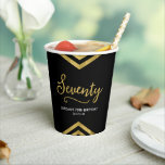 Modern Faux Gold Chevron Geometric 70th Birthday Paper Cups<br><div class="desc">These chic paper cups feature elegant geometric chevron and the word "Seventy" in faux gold foil against black background. It's great for a 70th birthday celebration. Personalise it by replacing the placeholder text with your own information. For more options such as to change the font and it's size/colour or the...</div>