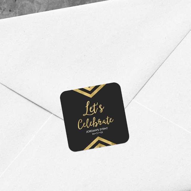Modern Faux Gold Chevron Geometric Let's Celebrate Square Sticker (Creator Uploaded)