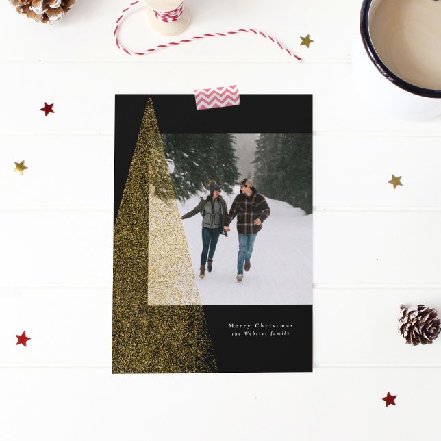 Modern faux gold Christmas tree black one photo Holiday Card (Creator Uploaded)