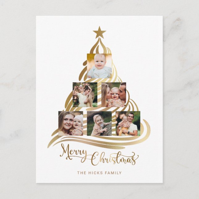 Modern Faux Gold Christmas Tree Family Multiphoto  Holiday Postcard (Front)