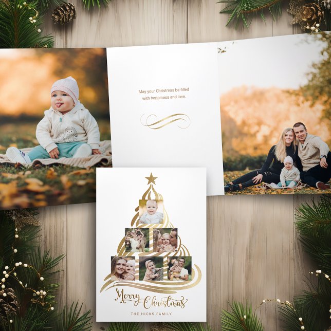 Modern Faux Gold Christmas Tree Family Multiphoto  Tri-Fold Card (Creator Uploaded)