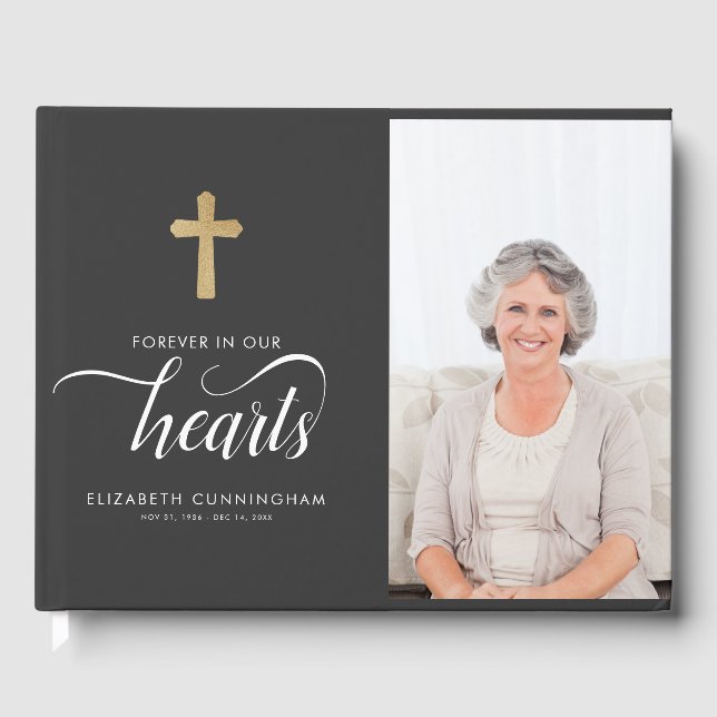 Modern Faux Gold Cross Memorial Funeral Guest Book (Front)