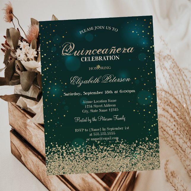 Modern Faux Gold Diamonds Green Quinceañera Invitation (Creator Uploaded)