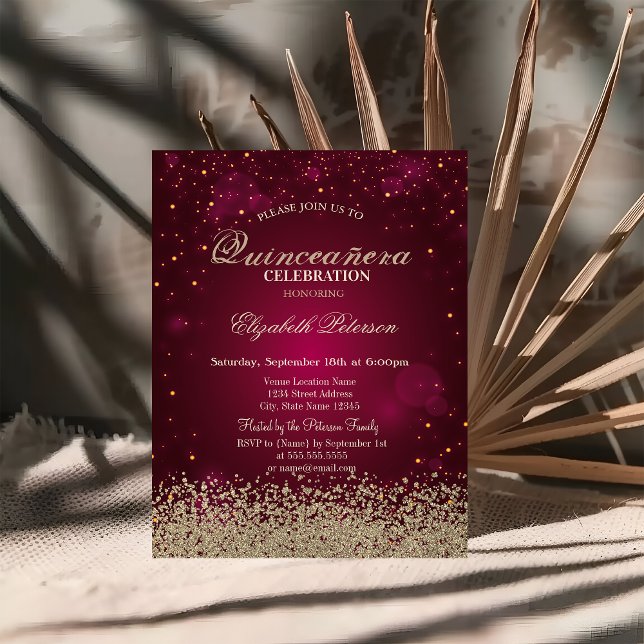 Modern Faux Gold Diamonds Red Quinceañera Invitation (Creator Uploaded)