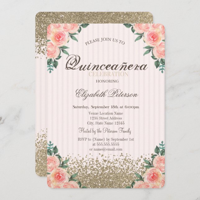 Modern Faux Gold Diamonds Roses Stiped Quinceañera Invitation (Front/Back)
