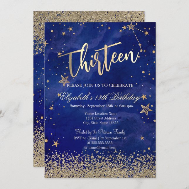 Modern Faux Gold Diamonds Stars Blue Thirteen Invitation (Front/Back)