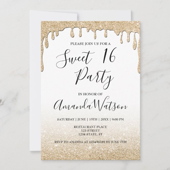 Modern faux gold dripping gold glitter ombre invitation (Front)