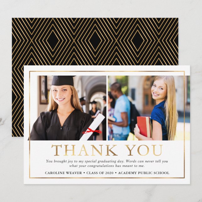 Modern Faux Gold Foil 2 Photo Graduation Thank You Card (Front/Back)