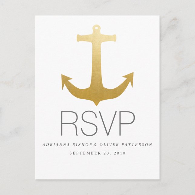 Modern Faux Gold Foil Anchor Nautical Wedding RSVP Invitation Postcard (Front)