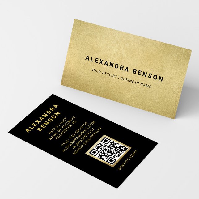 Modern Faux Gold Foil and Black QR Code Business Card (Creator Uploaded)
