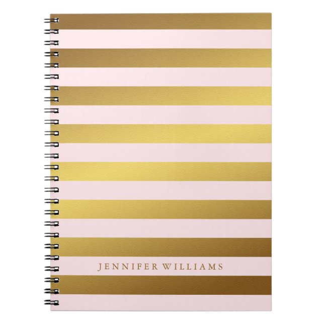 Modern Faux Gold Foil and Pink Stripes Notebook (Front)