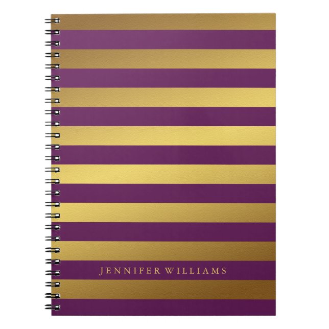 Modern Faux Gold Foil and Plum Stripes Notebook (Front)