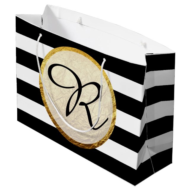 Modern Faux Gold Foil Black White Stripe Monogram Large Gift Bag (Back Angled)